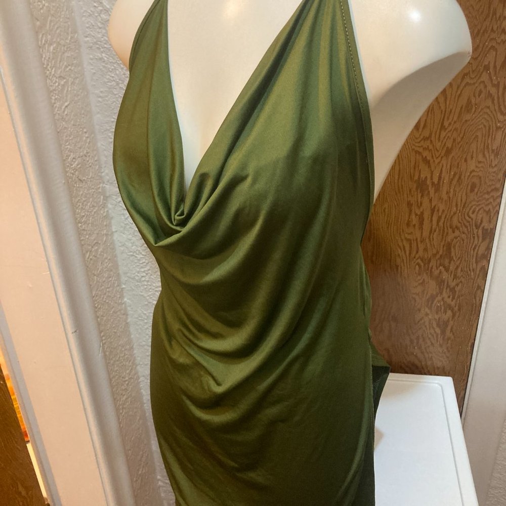 Army Green Deep V-neck Sexy Spaghetti Strap Halter Dress Backless